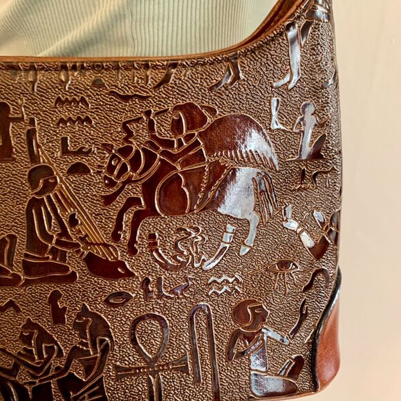VTG Leather Hungun Egyptian Hieroglyphic Brown Hand Bag Purse Goddess Carving - Picture 4 of 15